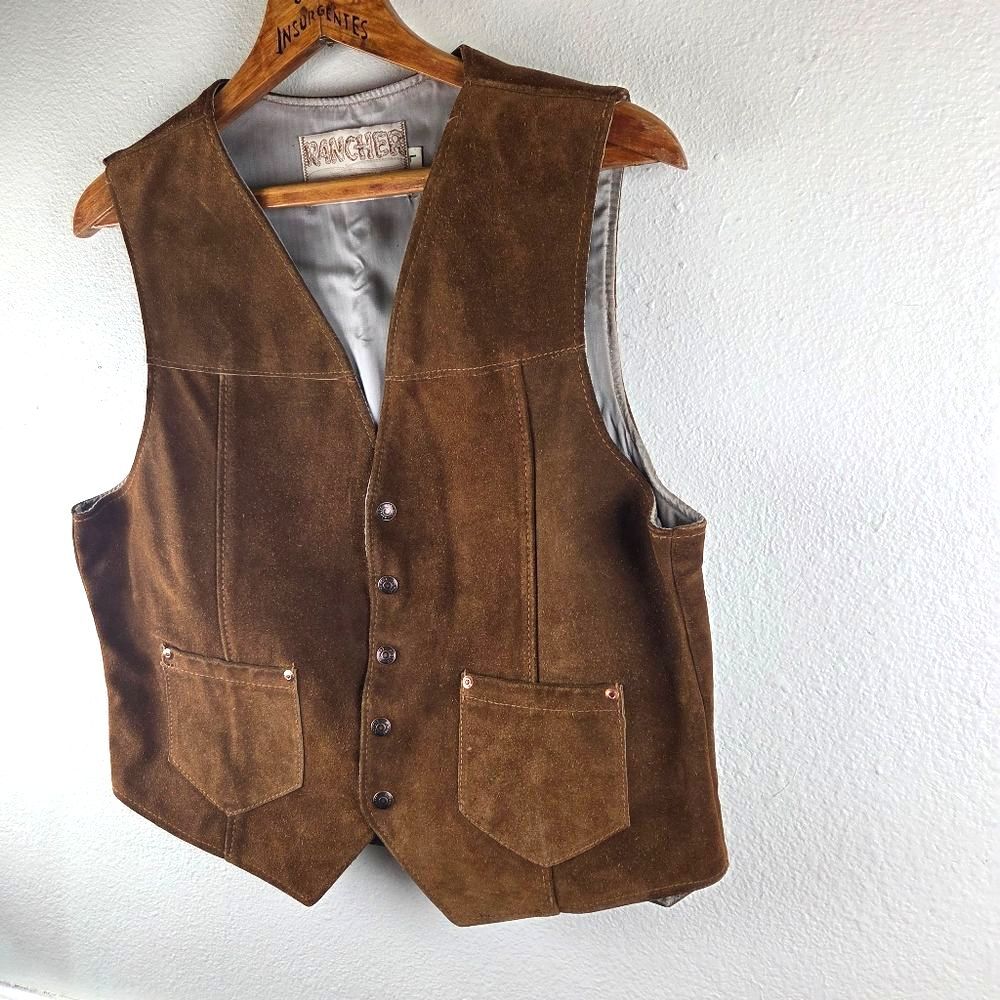 Rancher By Schott Vintage Brown Leather Suede Western Snap Men Vest Size Large - Picture 6 of 16